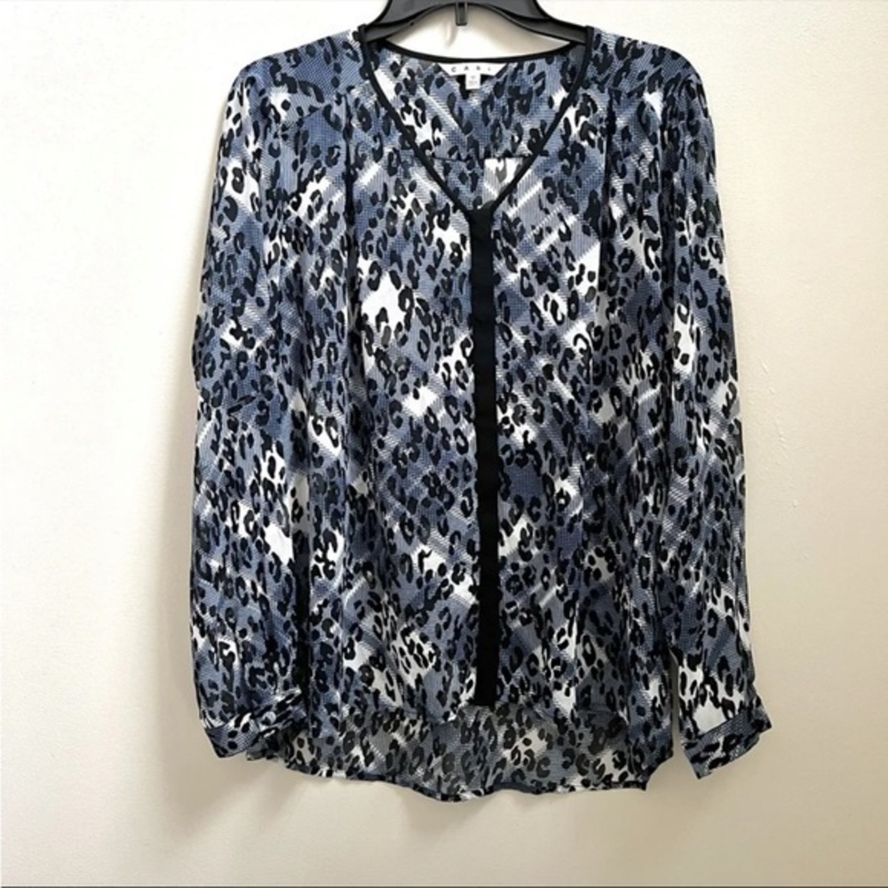 CAbi Blue Fatale Animal Print Sheer Long Sleeve Blouse